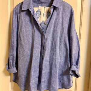 Chico's Blue Linen-Blend Button Front Shirt